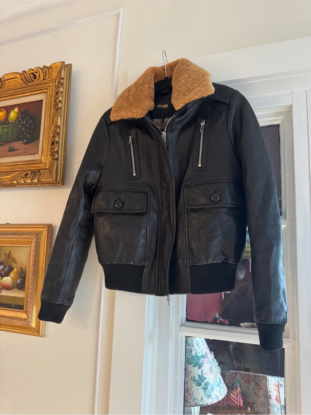 Maje Black Leather Bomber Jacket with Tan Shearling Collar